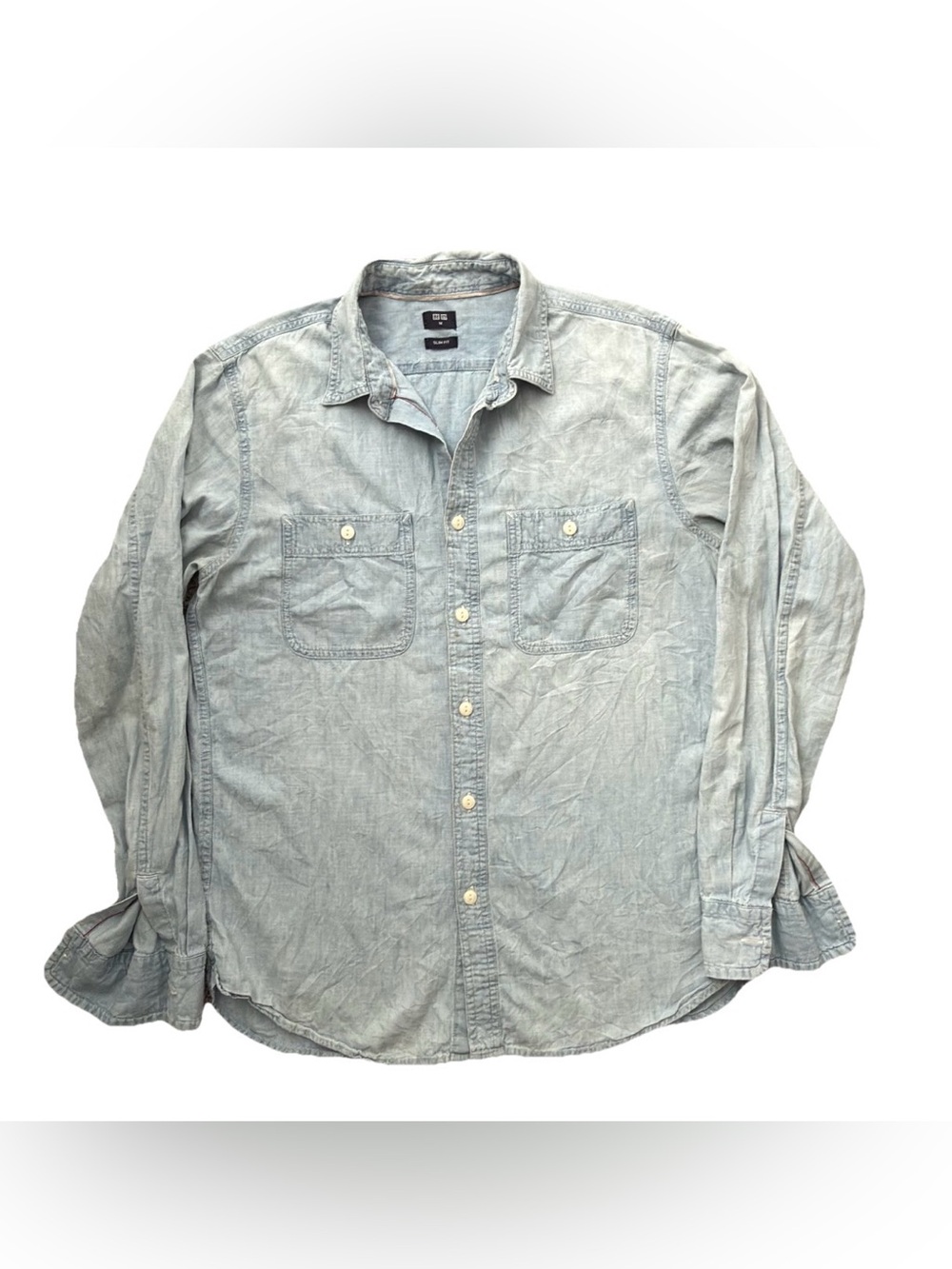 Uniqlo Slim Fit Denim Shirt Medium Light Wash 2-Pocket Red Stitch Detail